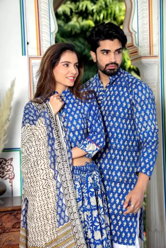 Image of Pack of 2 Women Colorblock Cotton Blend Ethnic Dress with Attached Dupatta – Dark Blue & White from Lehera Fashions