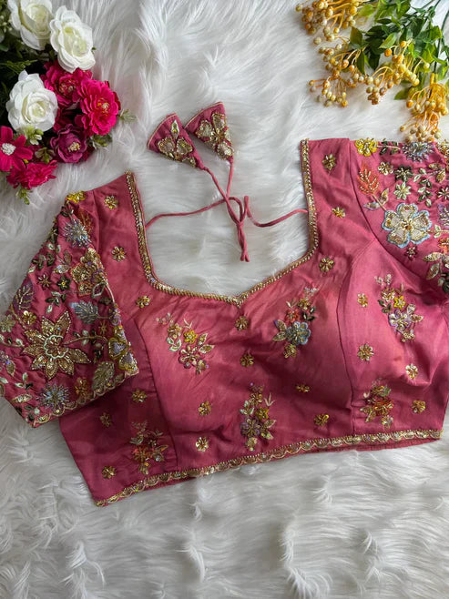 Pastel Shades Soft Silk Blouse with Hand Embroidery