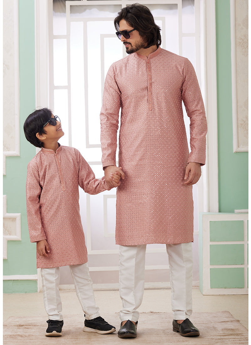 Image of Peach Art Silk Father-Son Kurta Set – Festival Wear with Thread Work | Leherafashions NZ from Lehera Fashions