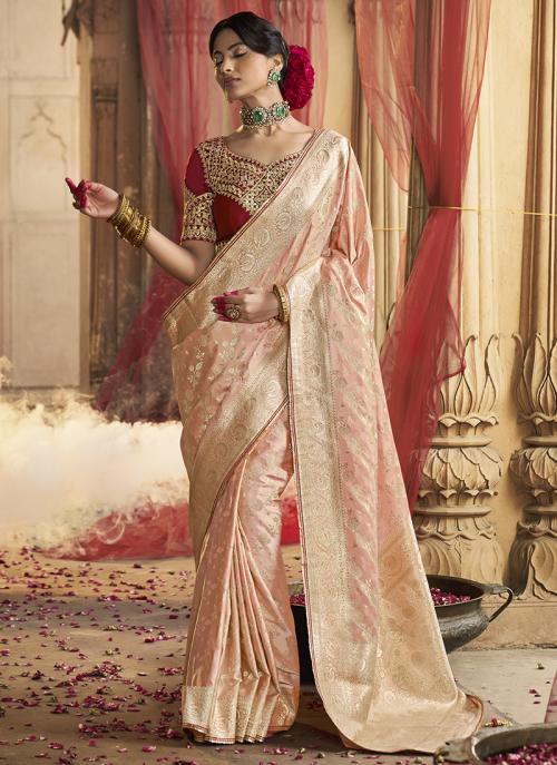Image of Peach Pure Sattin Embroidery Work Wedding Wear Saree from Lehera Fashions