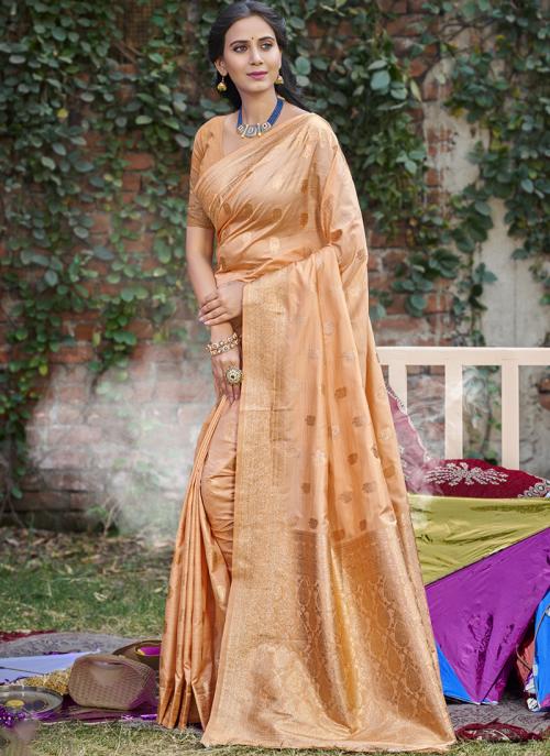 Image of Peach Silk Weaving Party Wear Saree from Lehera Fashions