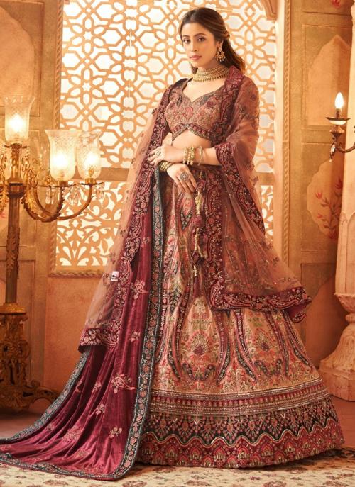Image of Peach Velvet Embroidery Work Bridal Wear Lehenga Choli from Lehera Fashions