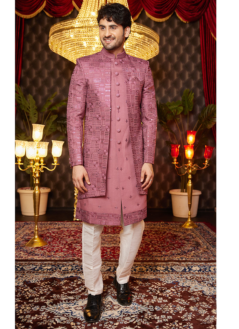 Image of Pink Art Silk Readymade Indo Western Sherwani – Elegant Festive Attire from Lehera Fashions