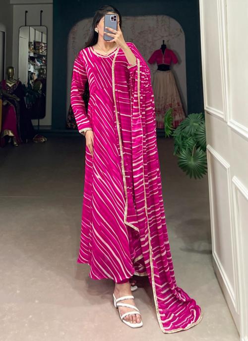 Image of Pink Georgette Leheriya Print Casual Wear Readymade Gown With Dupatta from Lehera Fashions