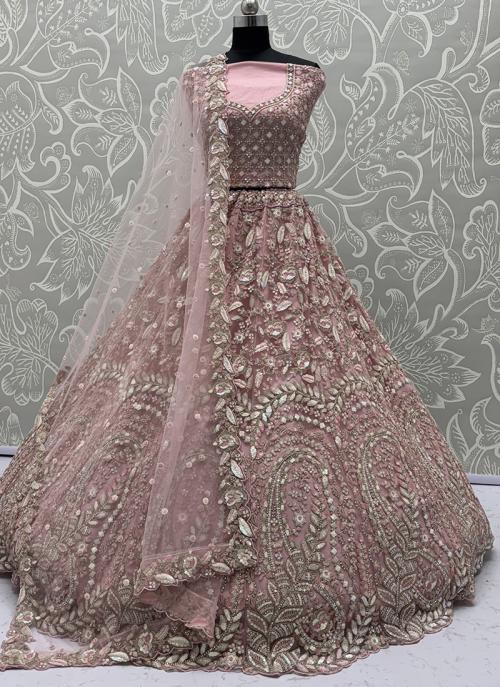 Image of Graceful Pink Heavy Net Thread Embroidered Wedding Lehenga Choli from Lehera Fashions