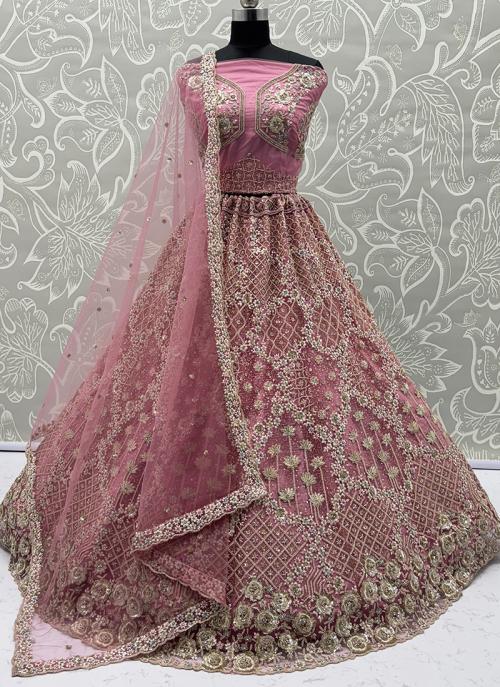 Image of Designer Pink Heavy Net Zari Embroidered Bridal Lehenga Choli from Lehera Fashions