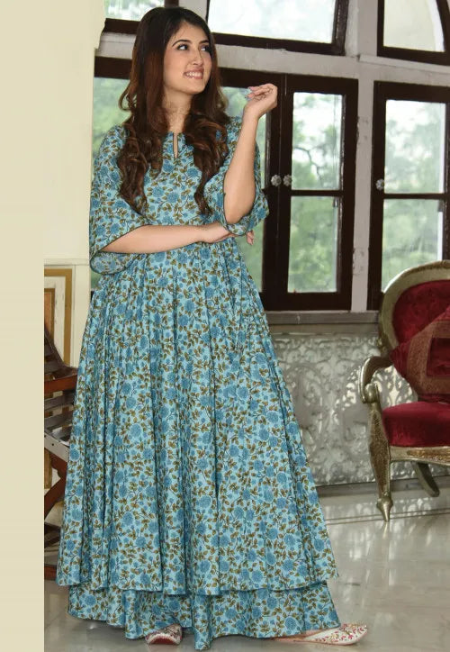 Image of Printed Muslin Cotton Flared Kurta Set in Blue from Lehera Fashions