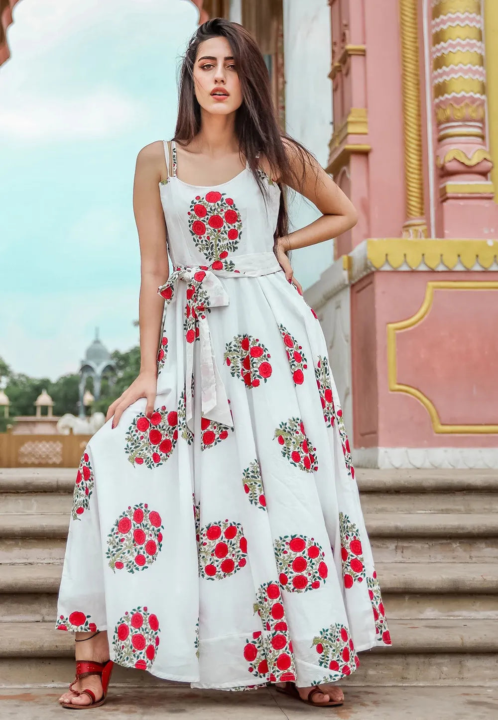Image of Printed Muslin Cotton Maxi Dress with Waist Tie in Off White from Lehera Fashions