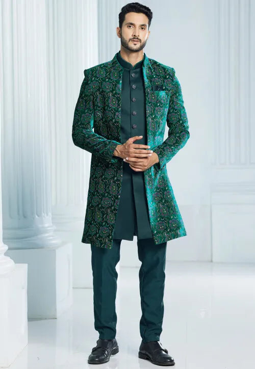 Image of Printed Velvet Sherwani in Teal Green from Lehera Fashions