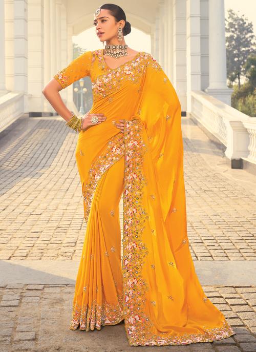 Image of Radiant Mustard Pure Crepe Cut Dana Work Wedding Saree from Lehera Fashions