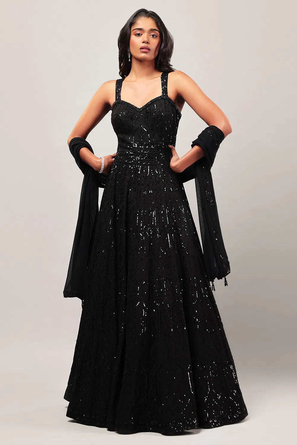 Image of Raven Black Classic Gown with Thread & Sequin Work, Embroidered Neckline & Matching Dupatta from Lehera Fashions