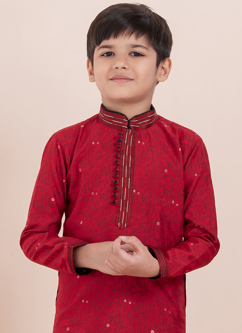 Image of Red Cotton Jacquard Work Kids Kurta Pajama - Festival Wear from Lehera Fashions