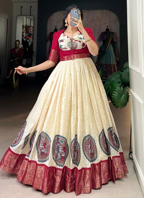 Image of Red Dola Silk Printed Traditional Wear Readymade Gown With Koti from Lehera Fashions