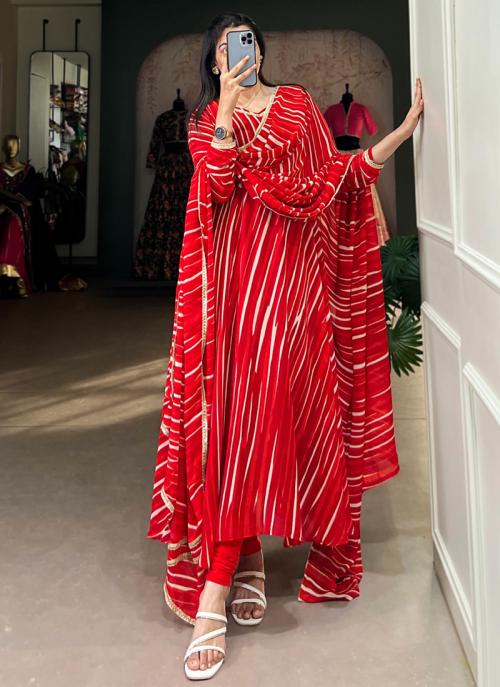 Image of Red Georgette Leheriya Print Casual Wear Readymade Gown With Dupatta from Lehera Fashions