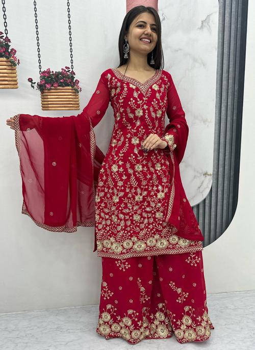 Image of Red Georgette Embroidery Work Festival Wear Readymade Palazzo Suit from Lehera Fashions