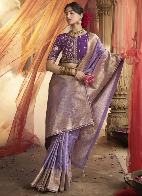 Image of Regal Purple Pure Satin Embroidery Work Wedding Saree from Lehera Fashions