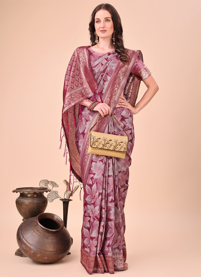 Image of Rosewood Pink Cotton Saree with Silver Leaf Print & Rich Pallu from Lehera Fashions
