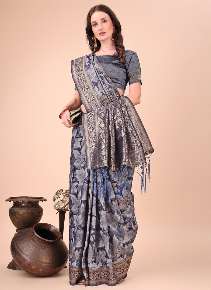 Image of Royal Blue Cotton Saree with Silver Leaf Print & Zari Pallu from Lehera Fashions