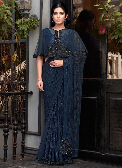 Image of Royal Navy Blue Maharani Net Beads Work Wedding Saree with Stitched Blouse from Lehera Fashions