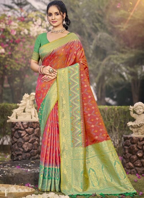 Image of Rust Silk Weaving Traditional Wear Saree from Lehera Fashions