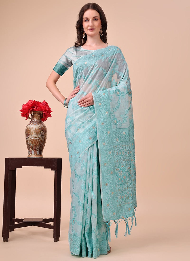 Image of Sky Blue Cotton Saree with Floral Weave & Tassel Detailing from Lehera Fashions