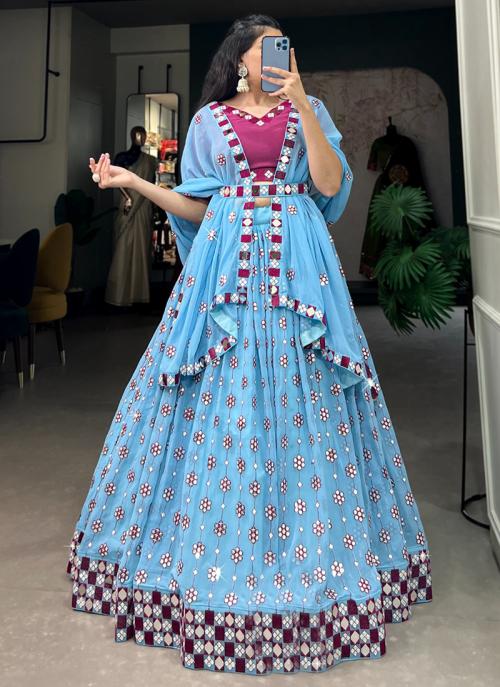 Image of Sky Blue Georgette Printed Traditional Wear Lehenga Choli from Lehera Fashions