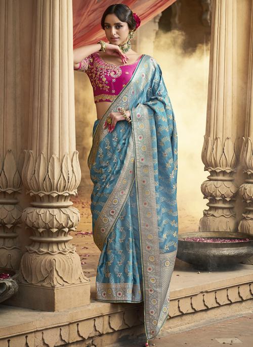 Image of Sky Blue Pure Satin Embroidery Work Wedding Wear Saree from Lehera Fashions