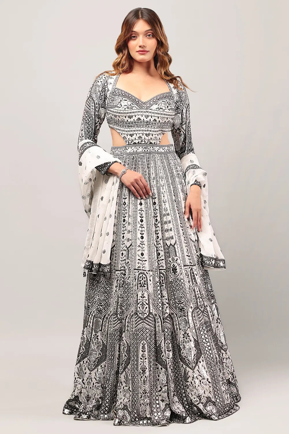 Image of Snow White Classic Gown with Black Thread Work, Patchwork & Matching Dupatta from Lehera Fashions