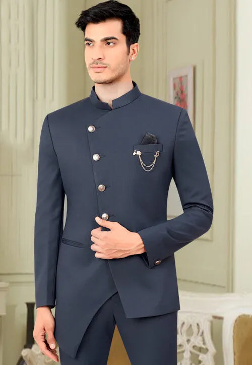 Image of Solid Color Terry Rayon Asymmetric Jodhpuri Jacket in Dusty Blue from Lehera Fashions