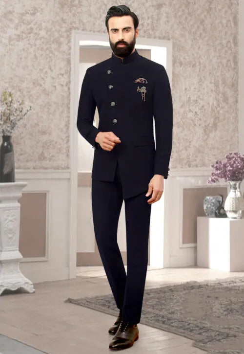 Image of Solid Color Terry Rayon Asymmetric Jodhpuri Suit in Navy Blue from Lehera Fashions
