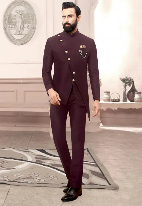 Image of Solid Color Terry Rayon Asymmetric Jodhpuri Suit in Wine from Lehera Fashions