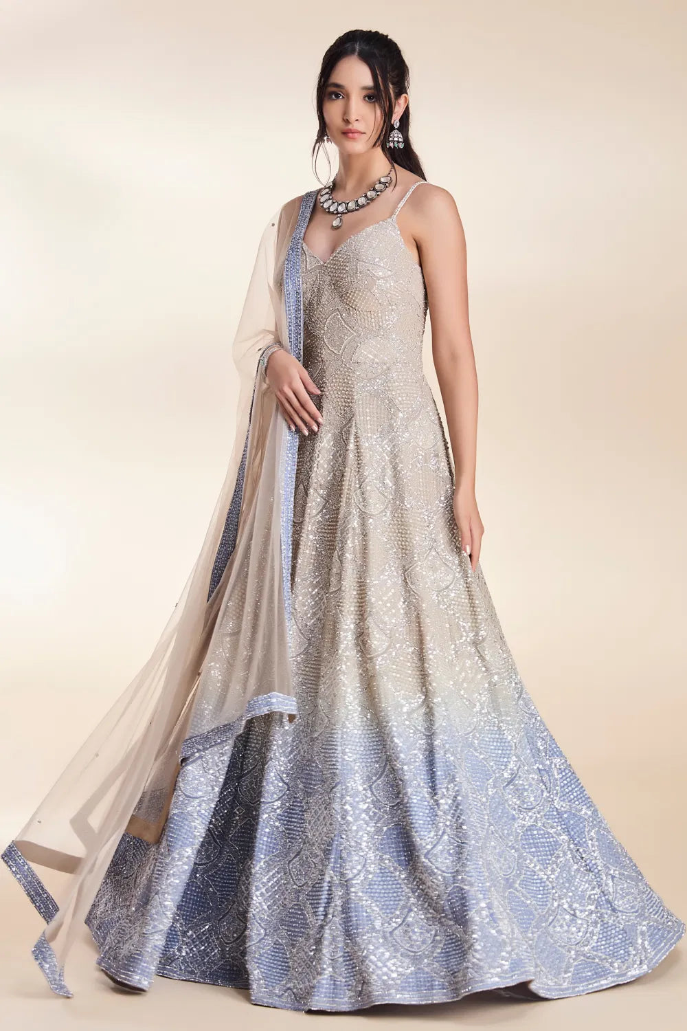 Stone Grey to Surf Blue Ombré Chikan Gown with All-Over Thread Work & Crystal Embellishments