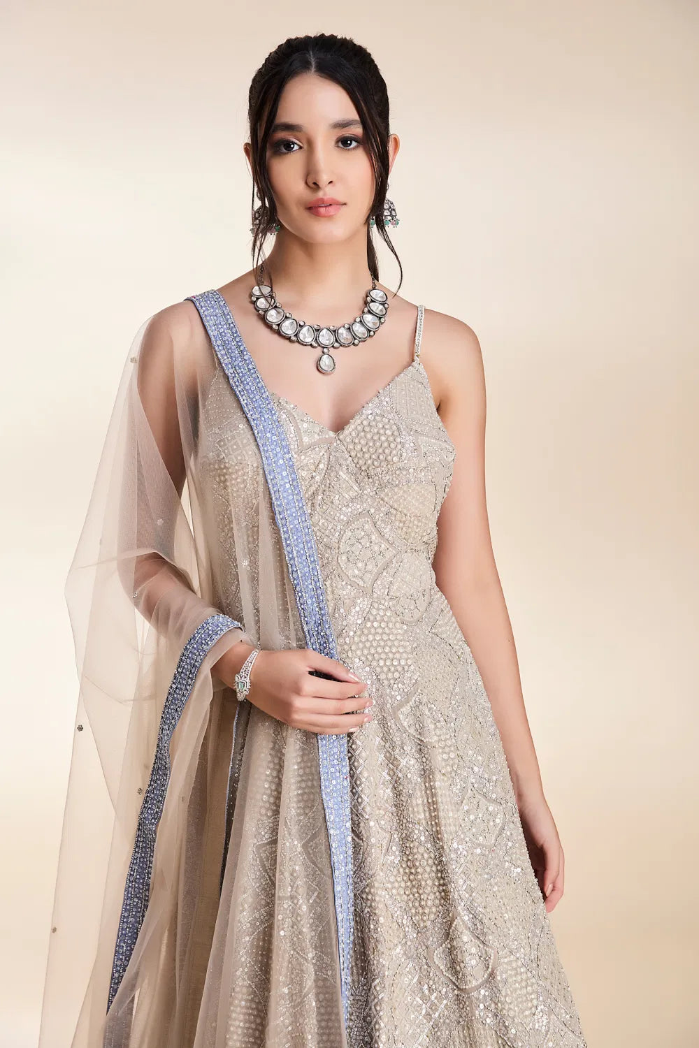 Stone Grey to Surf Blue Ombré Chikan Gown with All-Over Thread Work & Crystal Embellishments