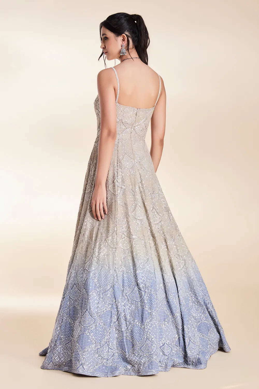 Stone Grey to Surf Blue Ombré Chikan Gown with All-Over Thread Work & Crystal Embellishments