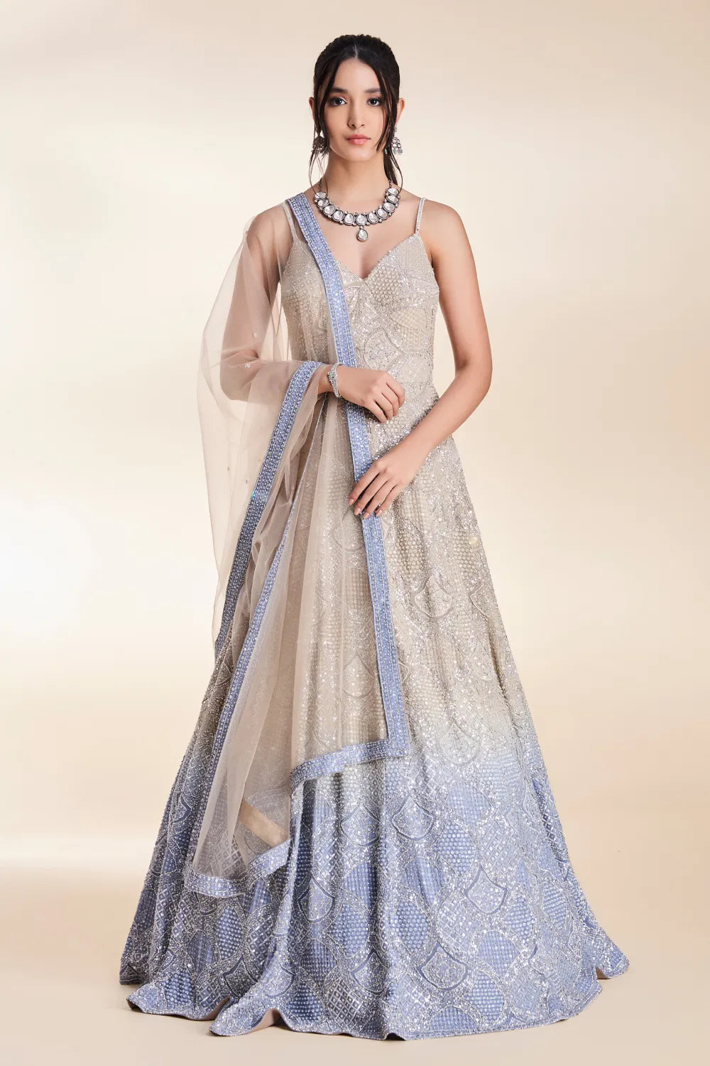 Image of Stone Grey to Surf Blue Ombré Chikan Gown with All-Over Thread Work & Crystal Embellishments from Lehera Fashions