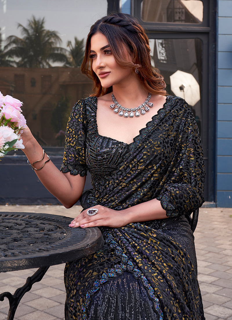 Image of Stunning Black Satin Silk Beads Work Wedding Saree with Stitched Blouse from Lehera Fashions