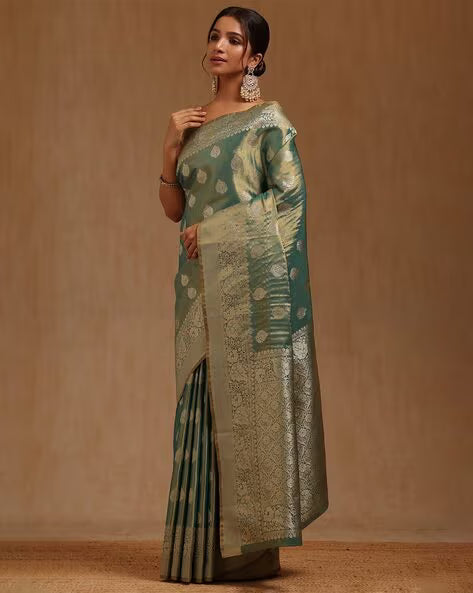 Styleelite Teal Checked Banarasi Silk Saree with Zari Work