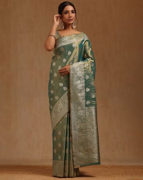 Styleelite Teal Checked Banarasi Silk Saree with Zari Work