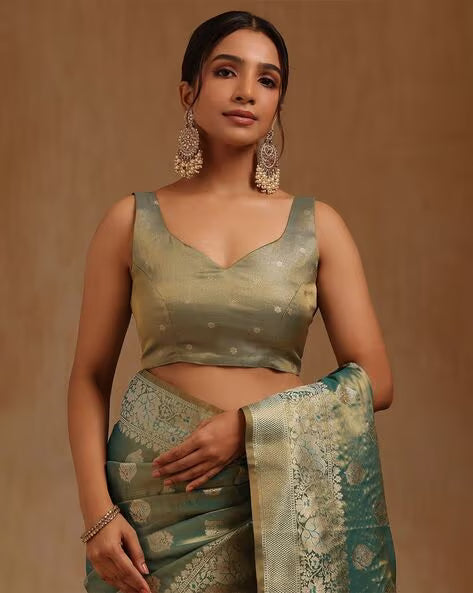 Styleelite Teal Checked Banarasi Silk Saree with Zari Work