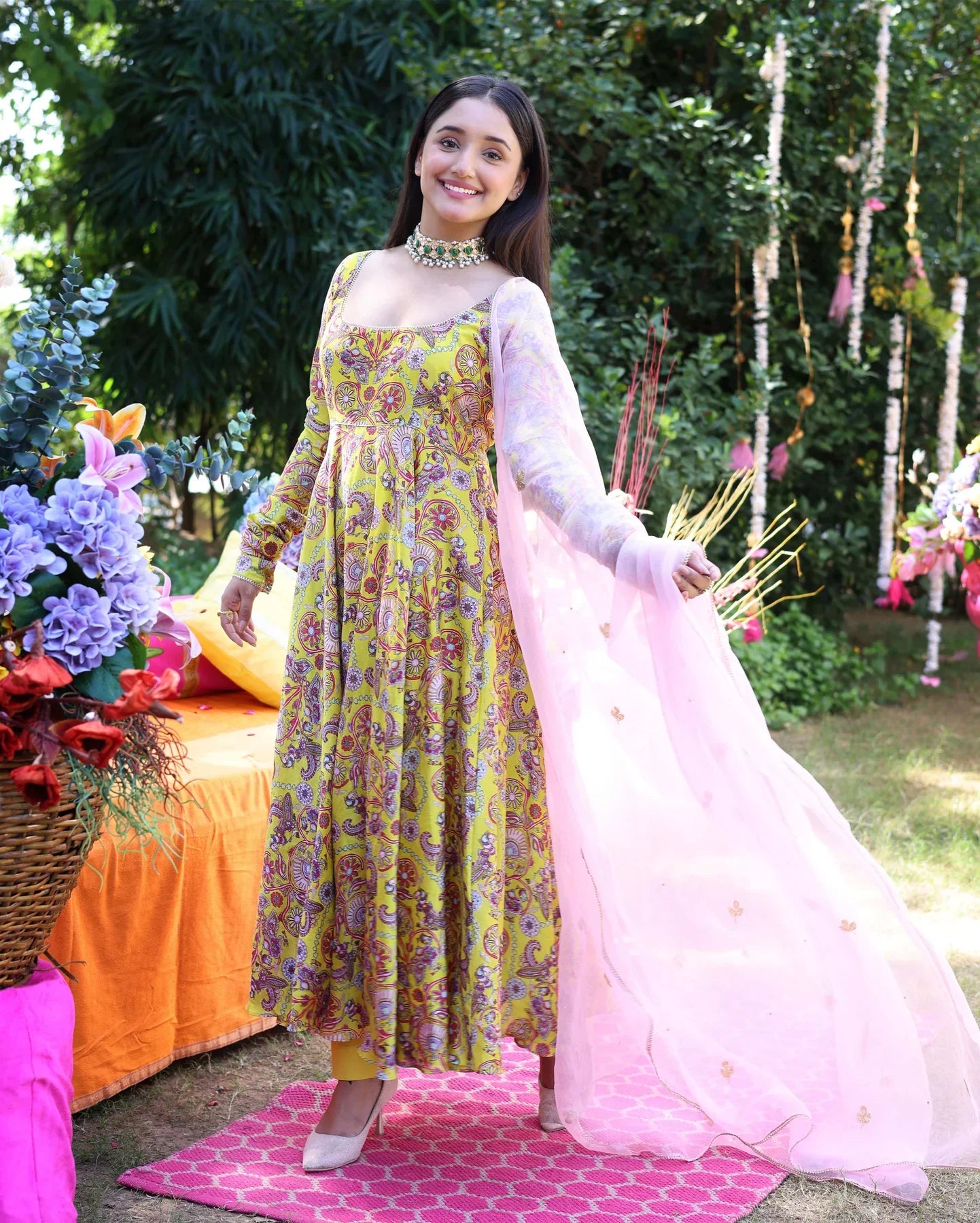 Image of Sunglow Yellow Printed Chanderi Suit Set from Lehera Fashions