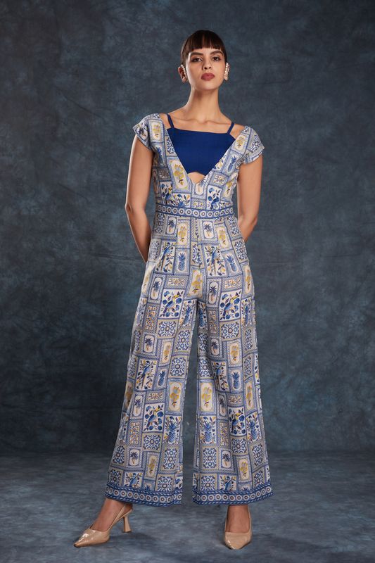 Image of Navy Blue Linen Printed Co-Ord Set – Blouse & Jumpsuit from Lehera Fashions