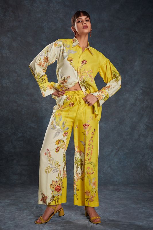 Image of Yellow Linen Printed Co-Ord Set – Top & Pant from Lehera Fashions