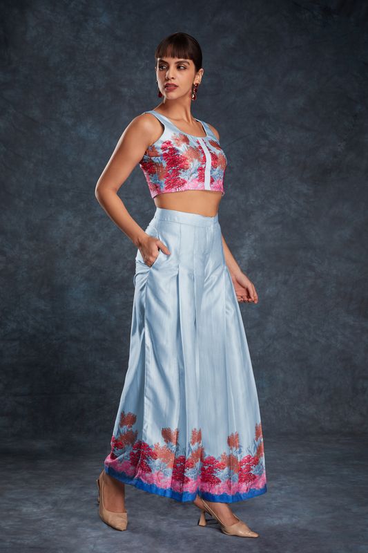 Image of Sky Blue Satin Printed Co-Ord Set – Top & Pant from Lehera Fashions