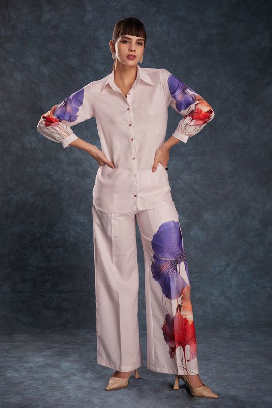 Image of Light Pink Linen Printed Co-Ord Set – Top & Pant from Lehera Fashions