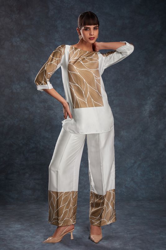 Image of White Linen Satin Printed Co-Ord Set – Top & Pant from Lehera Fashions
