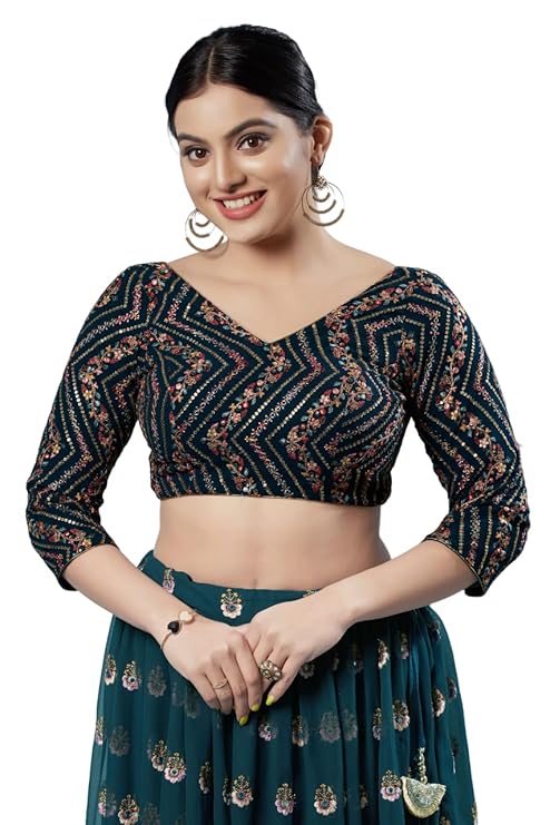 Image of Women's Teal Embroidered Silk Readymade Saree Blouse from Lehera Fashions