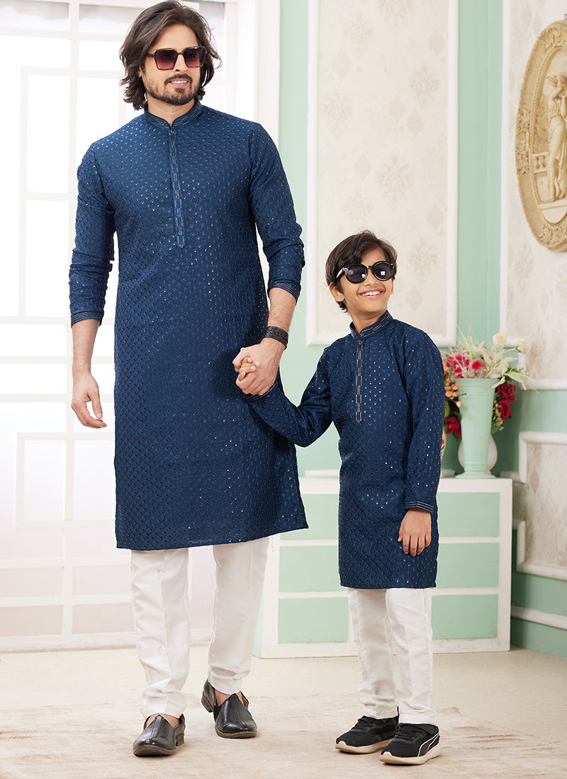 Image of Teal Blue Art Silk Father-Son Kurta Set – Festival Wear with Thread Work | Leherafashions NZ from Lehera Fashions