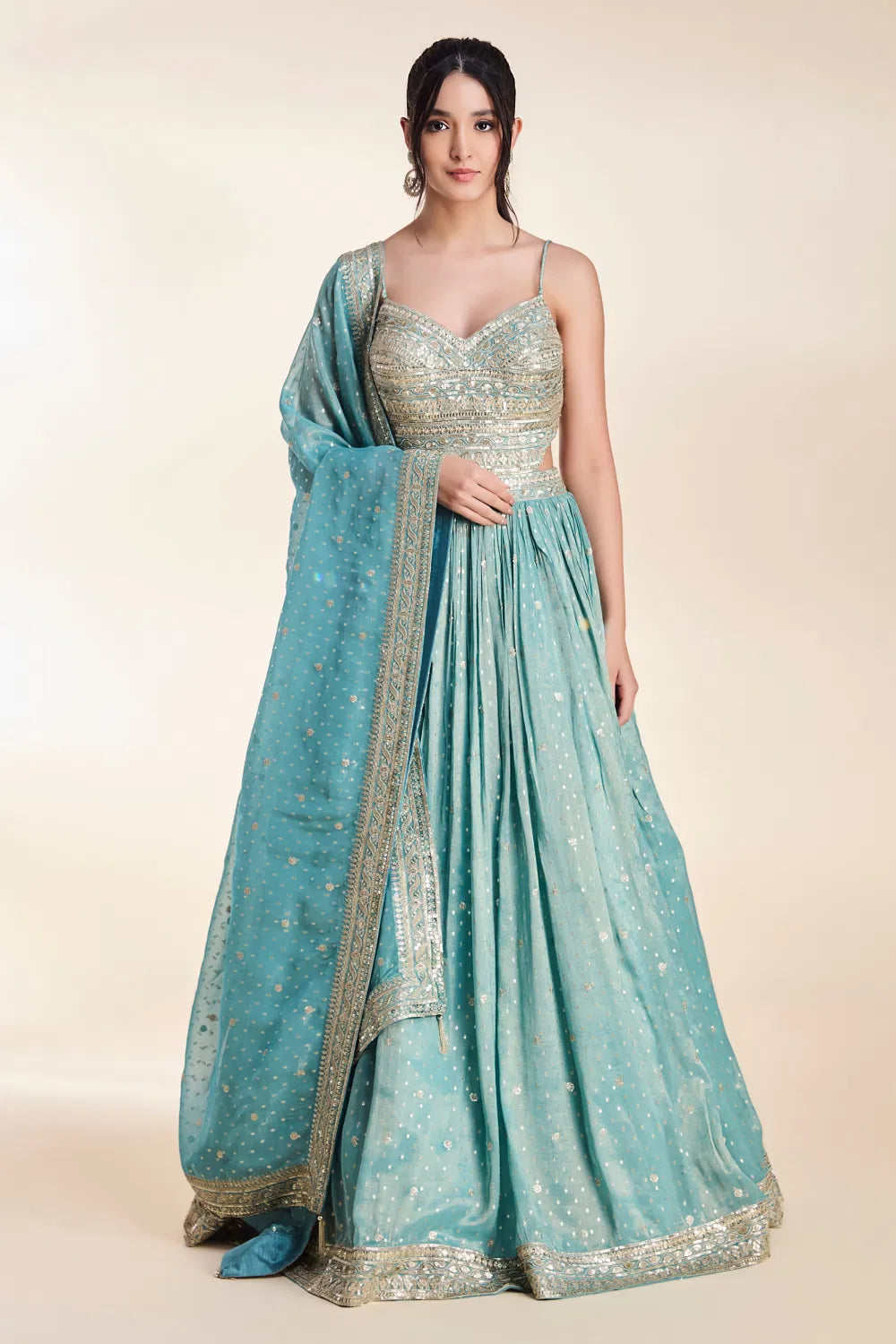 Image of Teal Blue Classic Tissue Gown with Cut-Out Sequin Work Bodice & Matching Dupatta from Lehera Fashions