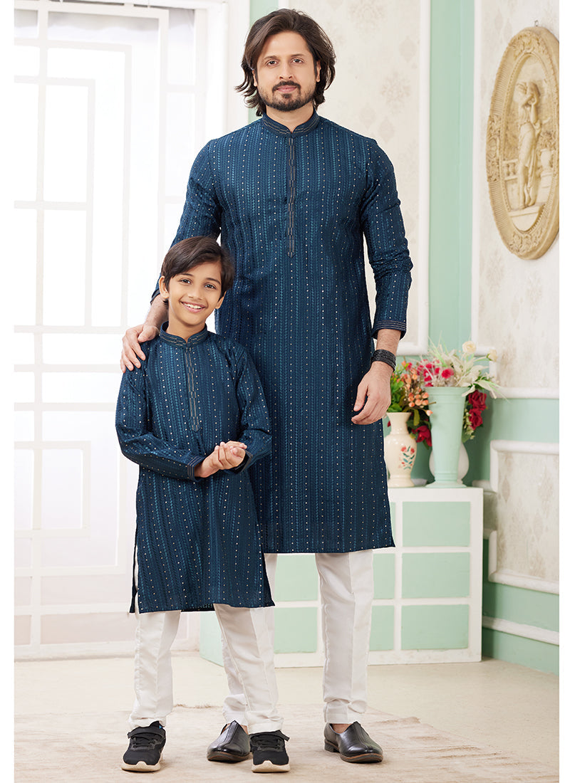 Image of Teal Green Art Silk Father-Son Kurta Set – Festival Wear with Thread Work | Leherafashions NZ from Lehera Fashions