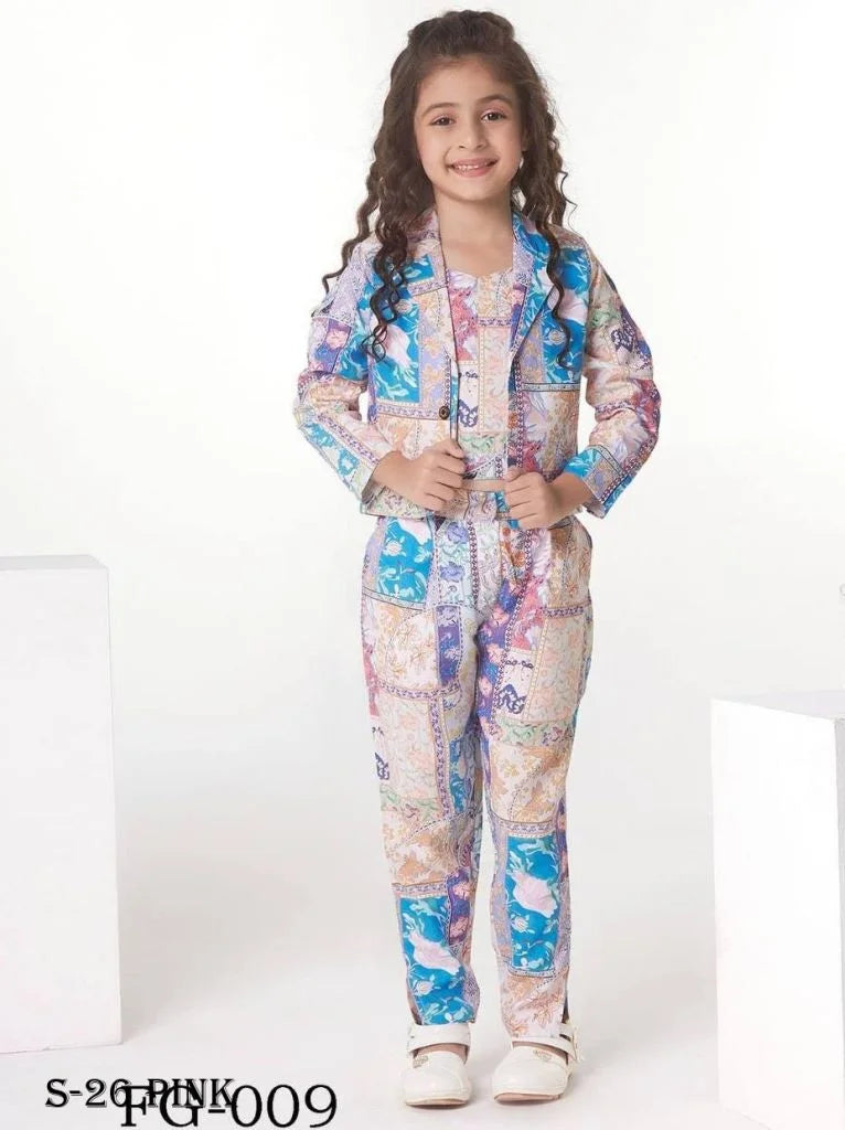 Image of Trendy Party Wear White Kids Crop Top And Pant With Blazer from Lehera Fashions